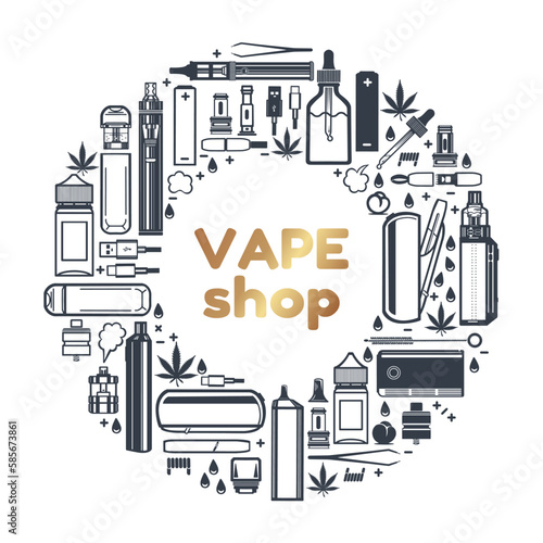 Vape shop round frame for product design. Cigarettes, liquid vaporizers, marijuana leaf. Vector isolated on white background.