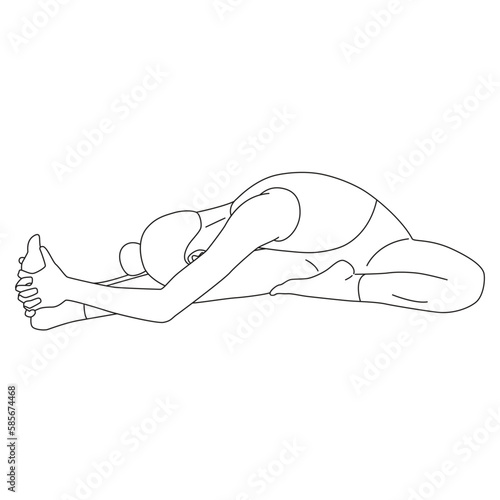 Line art of woman doing Yoga in single leg straddle stretch pose vector.