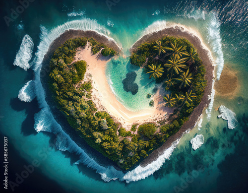 Aerial view of Pacific Island in the Shape of a Heart. Love Travel Concept. Generative AI.