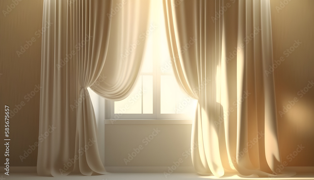 Window behind a curtain. Curtains with drapery. Abstract background luxury cloth or liquid wave or wavy folds of grunge silk texture satin velvet material. Generative AI technology. Window behind a curtain. Curtains with drapery. Abstract background luxury cloth or liquid wave or wavy folds of grunge silk texture satin velvet material. Generative AI technology.