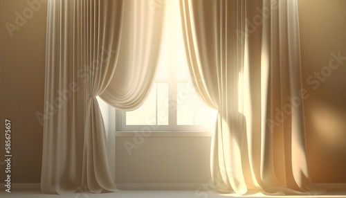 Window behind a curtain. Curtains with drapery. Abstract background luxury cloth or liquid wave or wavy folds of grunge silk texture satin velvet material. Generative AI technology.