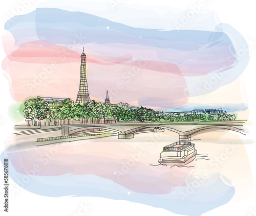 Paris Eiffel Tower and famous river Seine in Paris, France. Vector illustration for travel magazine, social media, poster, calendar