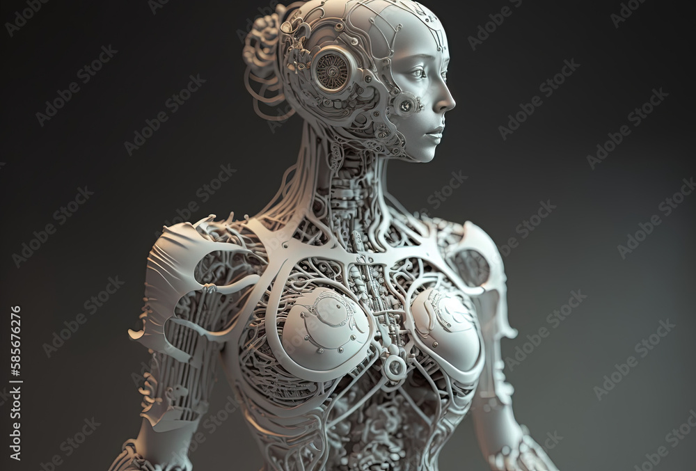 Mechanical android girl, a tangle of wires and technical elements ...