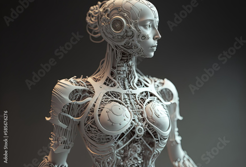 Mechanical android girl, a tangle of wires and technical elements. Humanoid robot woman, complex sci-fi model. White cyberpunk character on dark background. AI generated.