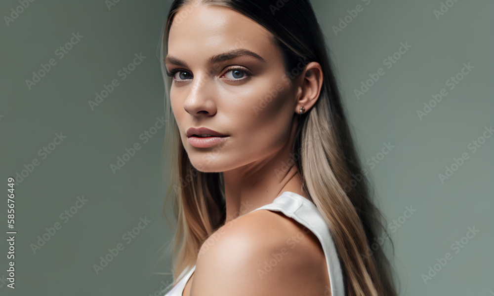 Image of young woman wearing white shirt and looking into camera. Generative AI. Image of young woman wearing white shirt and looking into camera. Generative AI.