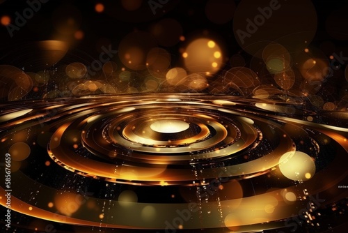 shimmering golden abstract background with circular shapes and glowing lights. Generative AI
