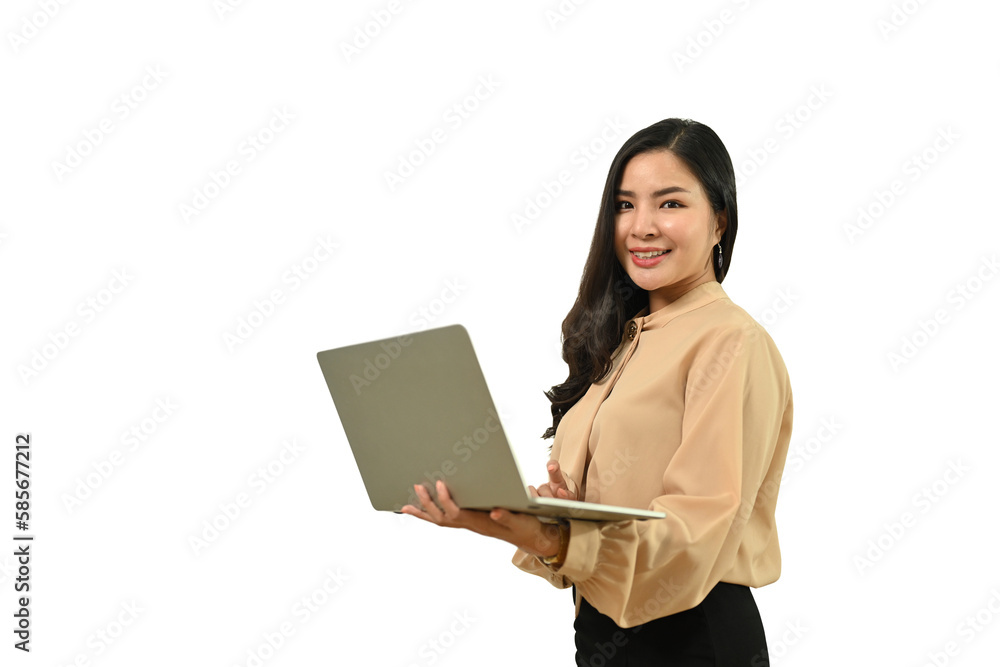Portrait of asian businesswoman using laptop standing isolated on white background. Business, finance and employment concept