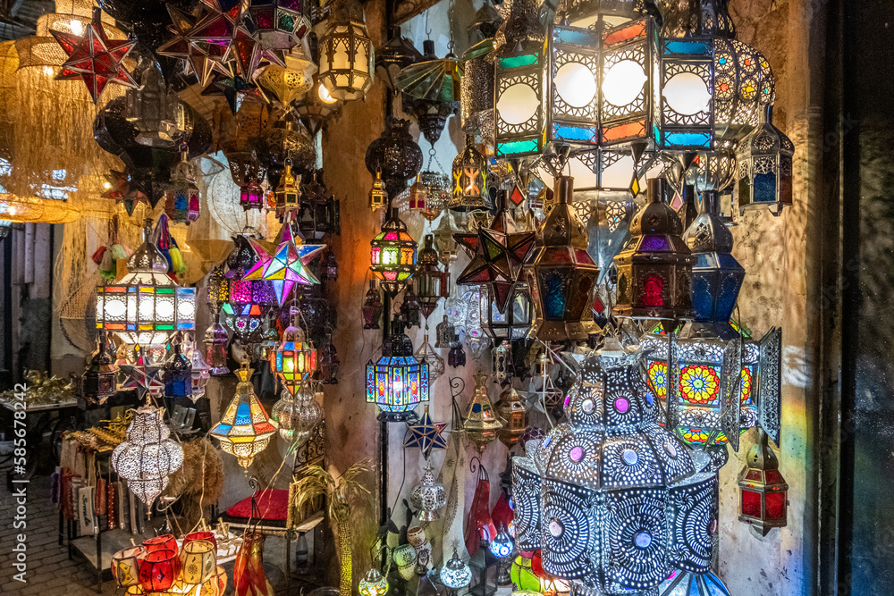Fototapeta premium Colorful chandeliers for sale in a market in a souk in the Medina around the Jemaa el-Fnaa square in Marrakesh Morocco