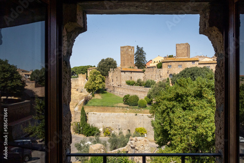 Italy, Lazio, Tuscania, Torre di Lavello seen through window