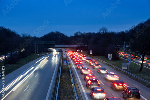 Germany, Bavaria, Long exposure of traffic jam on multiple lane highway at night