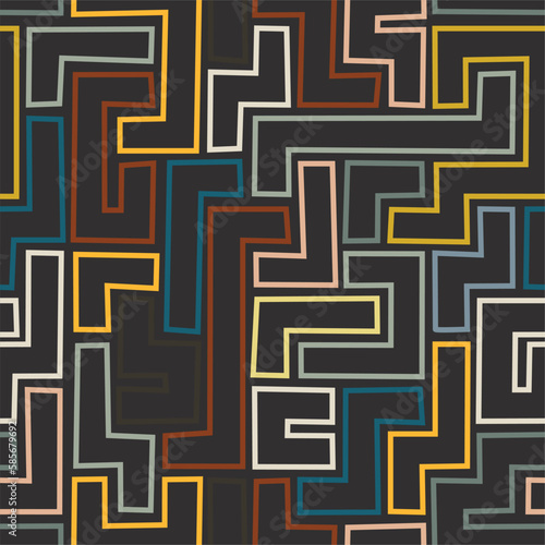 Vector seamless handmade texture colored line object. Black background.