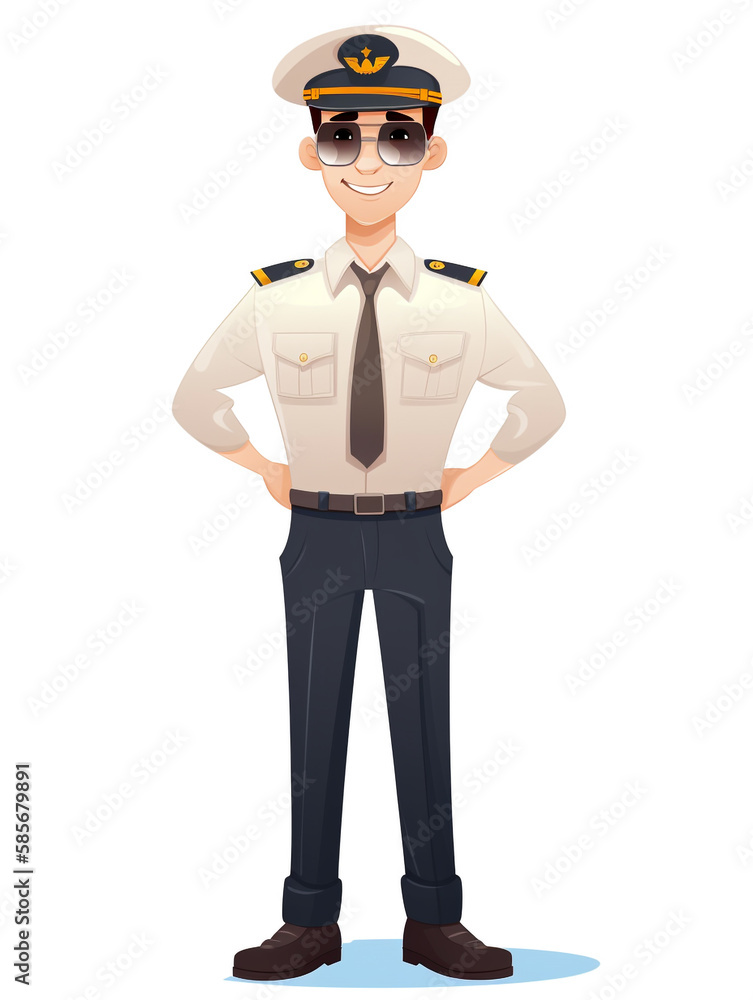 Cartoon style illustration of a pilot looking handsome standing in his flight uniform with a white background behind him. Uniforms vary by airline and rank.