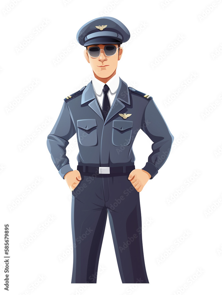Cartoon style illustration of a pilot looking handsome standing in his flight uniform with a white background behind him. Uniforms vary by airline and rank. Cartoon style illustration of a pilot looking handsome standing in his flight uniform with a white background behind him. Uniforms vary by airline and rank.