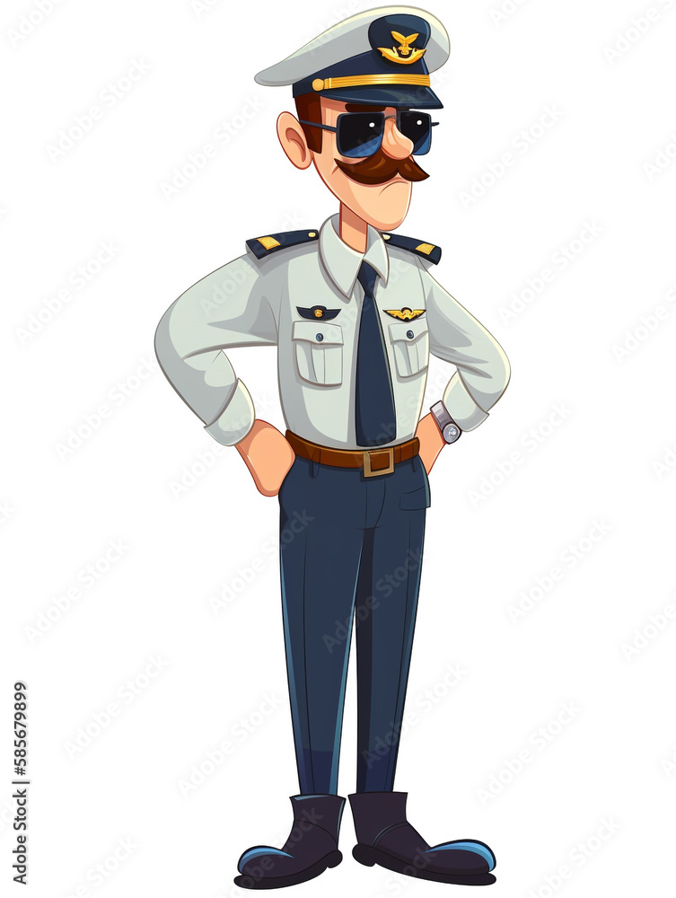 Cartoon style illustration of a pilot looking handsome standing in his flight uniform with a white background behind him. Uniforms vary by airline and rank.