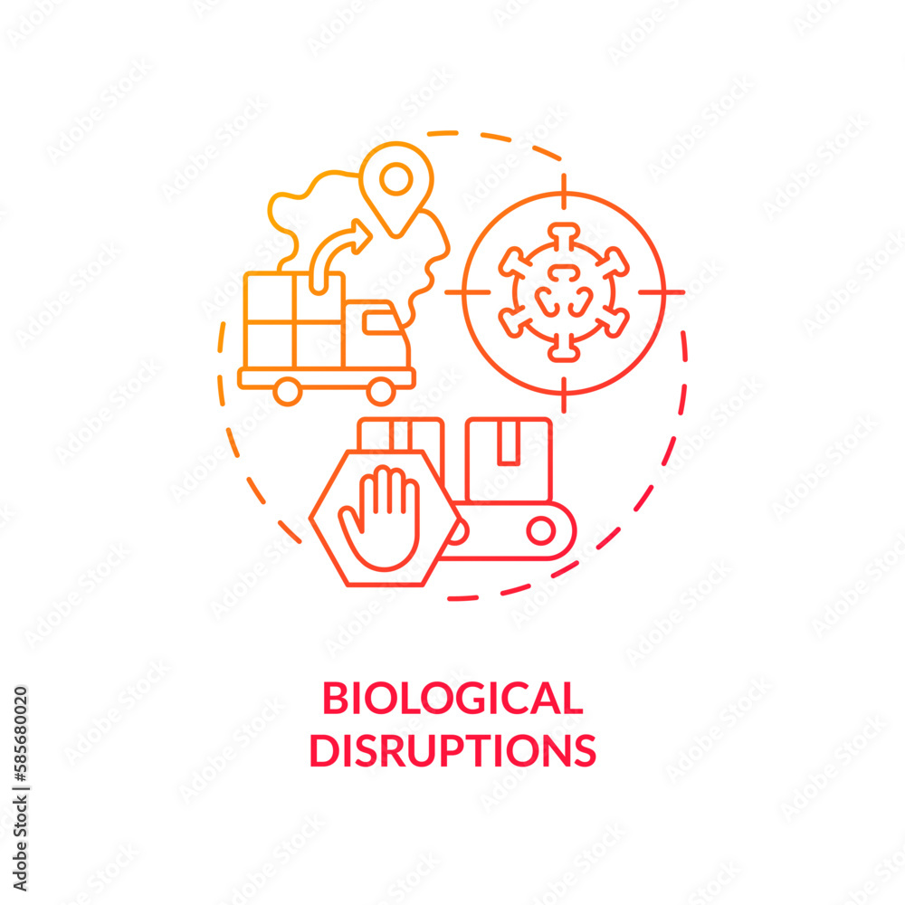 Biological disruptions red gradient concept icon. Disease outbreak. Supply chain alteration abstract idea thin line illustration. Isolated outline drawing. Myriad Pro-Bold font used
