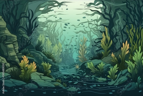 an underwater world with vibrant plants and rocky formations. Generative AI
