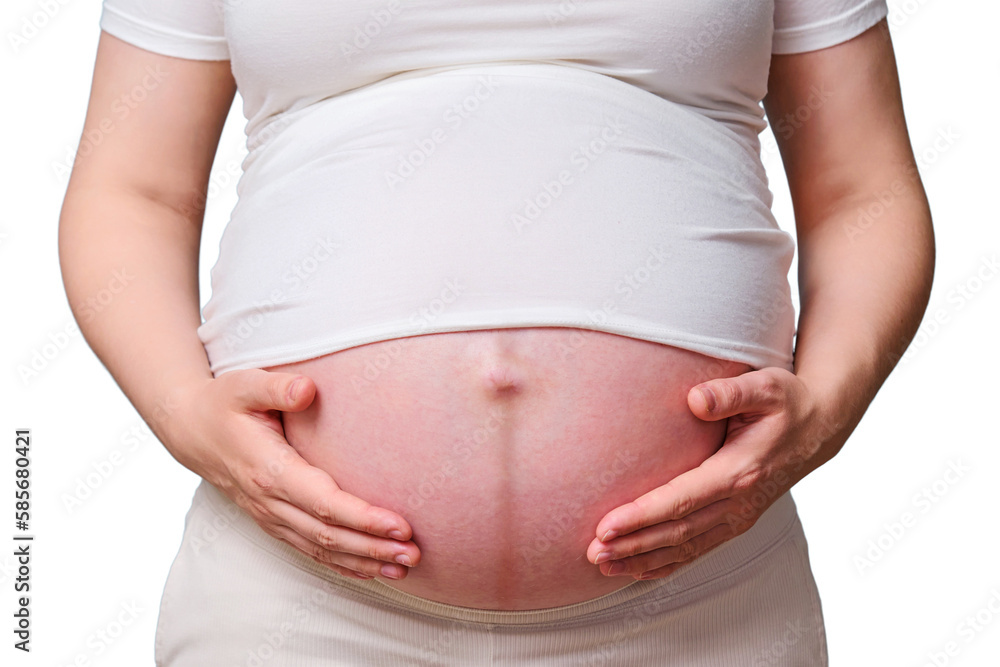 Dark stripe on the belly of a pregnant woman, studio shot isolated on a white background Dark stripe on the belly of a pregnant woman, studio shot isolated on a white background