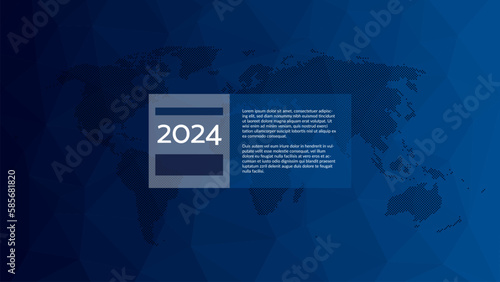 2024 year infographic with world map, sample text. Blue gradient triangle pattern. Polygonal vector background for web design, business, finance, landing page, template, global presentation