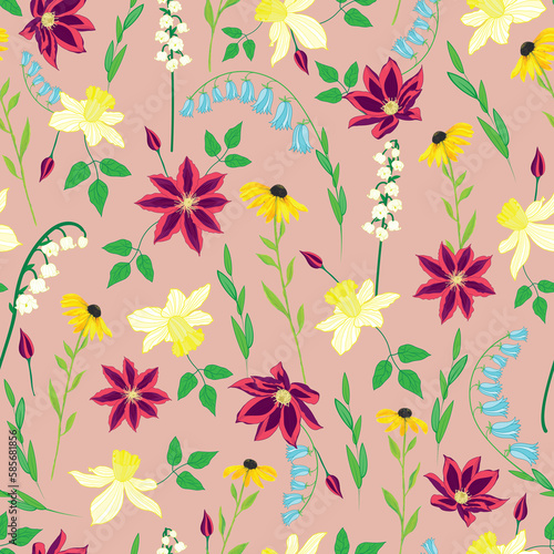 Raster illustration. Clematis, lily of the valley, daffodils, bluebells and black eye Susan flowers on light purple background