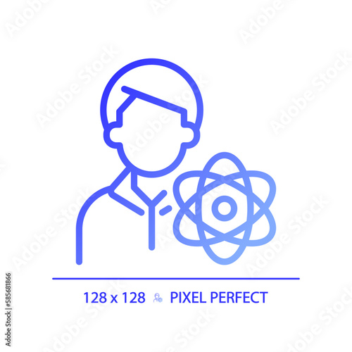 STEM teacher pixel perfect gradient linear vector icon. Education specialist job. Tutor for students using technology. Thin line color symbol. Modern style pictogram. Vector isolated outline drawing