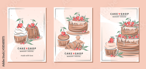 Cake shop, bakery house. Set of design sample flyers for pastry and bread shop, cooking, dessert, sweet products. Vector illustration for poster A4, banner, menu, advertising.