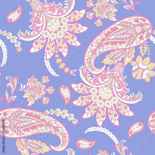 Floral seamless pattern with paisley ornament. Vector illustration in asian textile style