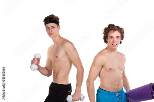 Two young attractive guys go in for sports. White background.
