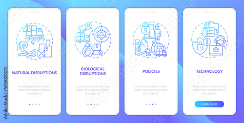 Supply chain disruptions blue gradient onboarding mobile app screen. Logistics walkthrough 4 steps graphic instructions with linear concepts. UI, UX, GUI template. Myriad Pro-Bold, Regular fonts used