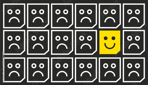 Positive Attitude and Happy Concept. smiling face icon among a group of sad emoticons in black background. Good feedback rating and positive customer review, Be positive and stay happy