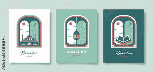 Ramadan Kareem. Set of Islamic greeting card with Quran, mosque, lantern. Vector holiday illustration in green colors for greeting card, poster and banner.