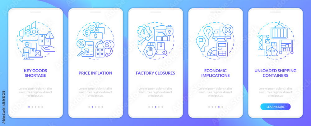 Vulnerabilities in supply chain blue gradient onboarding mobile app screen. Walkthrough 5 steps graphic instructions with linear concepts. UI, UX, GUI template. Myriad Pro-Bold, Regular fonts used