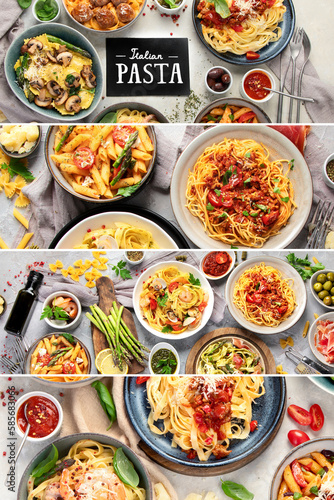 Collage made of Pasta assortment.