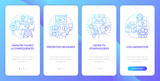 Disruption action plan blue gradient onboarding mobile app screen. Supply chain walkthrough 4 steps graphic instructions with linear concepts. UI, UX, GUI template. Myriad Pro-Bold, Regular fonts used