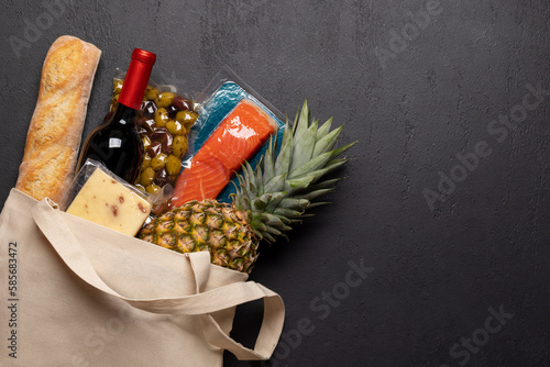 Shopping bag with wine and food