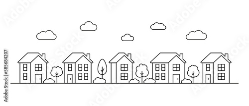 Neighborhood big house, line art. Street building, real estate architecture, apartment. Facade home in country city landscape. Vector illustration