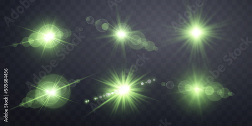 Green lens flares set. Isolated on transparent background. Sun flash with rays spotlight and bokeh. Green glow flare light effect. Vector illustration