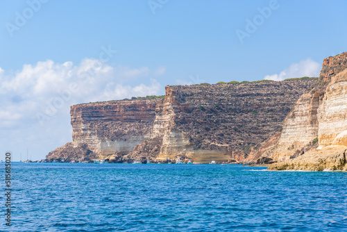 Limestone cliffs in the south coast of the island of Lampedusa, Sicily, Italy.