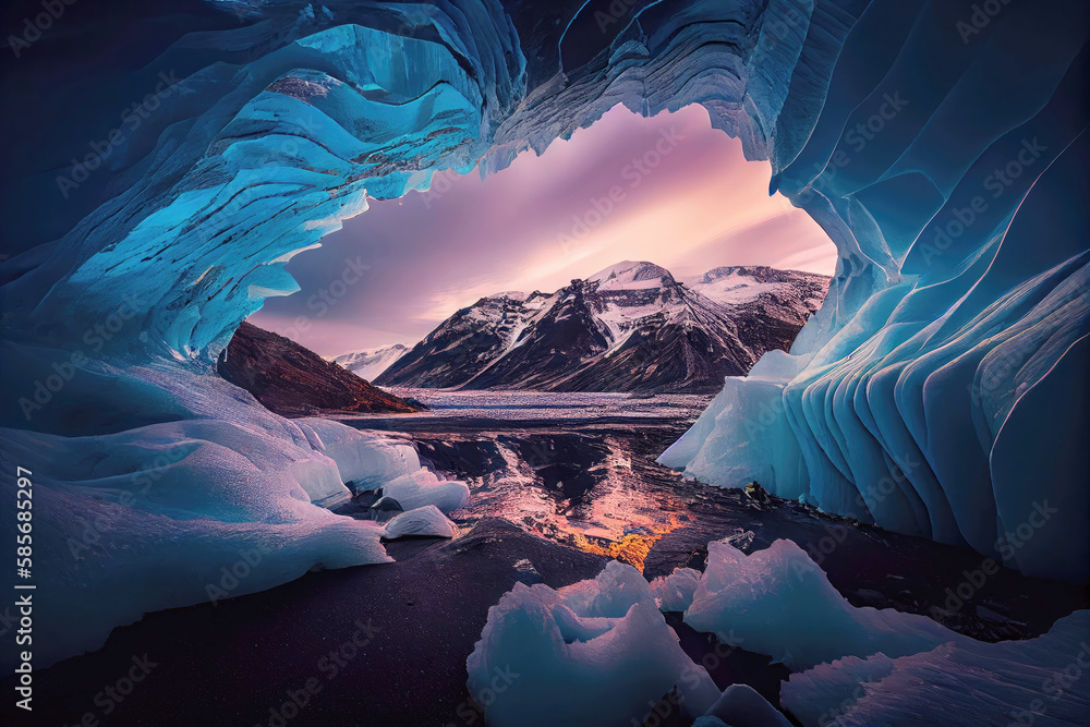Cave in ice glacier in cold arctic landscape (Generative AI)