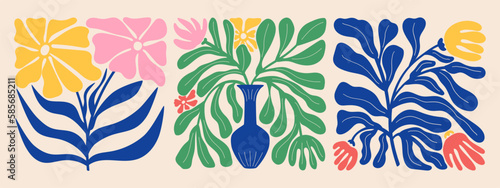 Groovy doodle and abstract organic plant shapes art set. Matisse floral posters in trendy retro 60s 70s style.