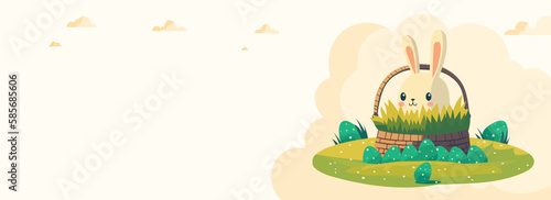 Cute Bunny Character Inside Grass Basket With Eggs Against Background And Copy Space. Happy Easter Day Concept.