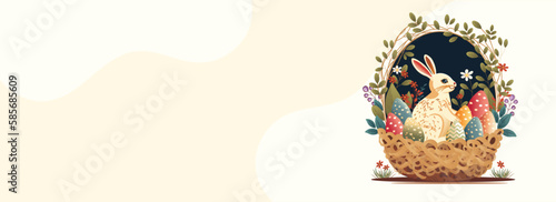 Side View of Cute Bunny Character With Colorful Eggs Inside Floral Basket On Beige Background And Copy Space. Happy Easter Day Concept.