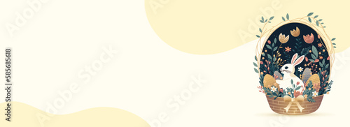 Vector Illustration of Cute Bunny With Eggs Inside Floral Basket On Pastel Yellow Background And Copy Space. Happy Easter Day Concept.