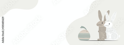 Doodle Style Funny Bunnies Characters On White And Gray Background With Copy Space. Happy Easter Day Concept.