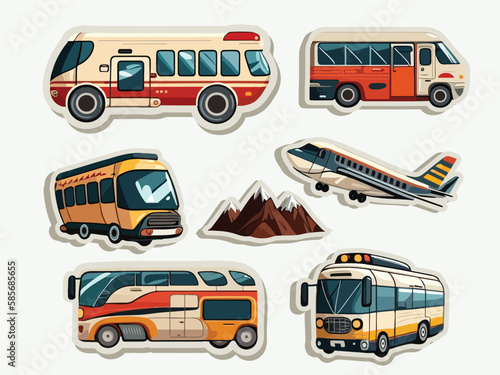 Collection of Transport Like As Bus, Airplane And Mountain Icons In Sticker Style.