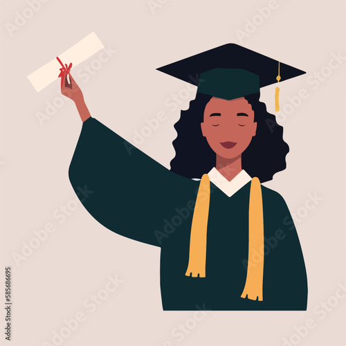 A joyful black graduate celebrates graduation with a diploma and graduate cap on the head. Concept for happy graduation poster or card template design. Flat vector illustration. Generative AI