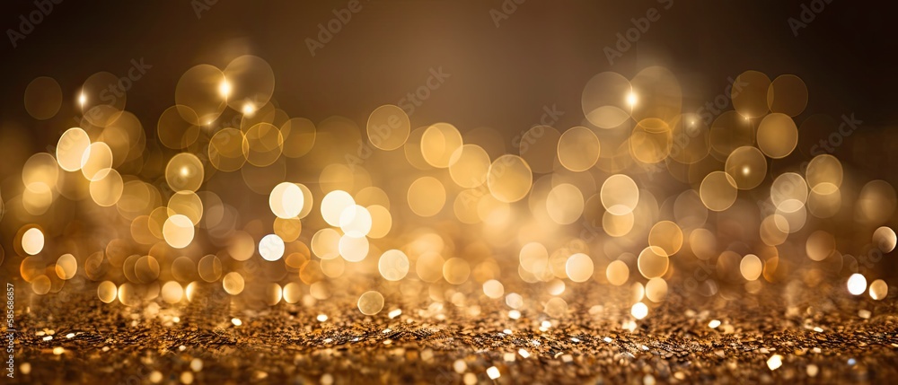 golden glittering with bokeh lights in abstract defocused background, digital ai art	