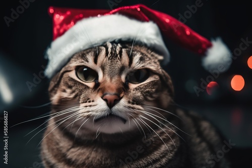 Portrait of a cat in dark light with Christmas head hat, holiday pets. Generative AI