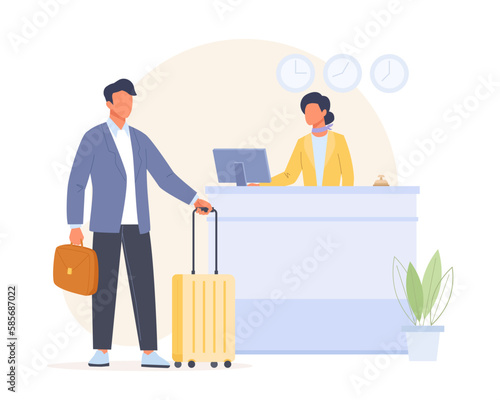 Man character arriving hotel. Business Trip concept
