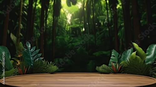 Empty wooden table top product display showcase stage with tropical lush jungle leaves background, digital ai art
