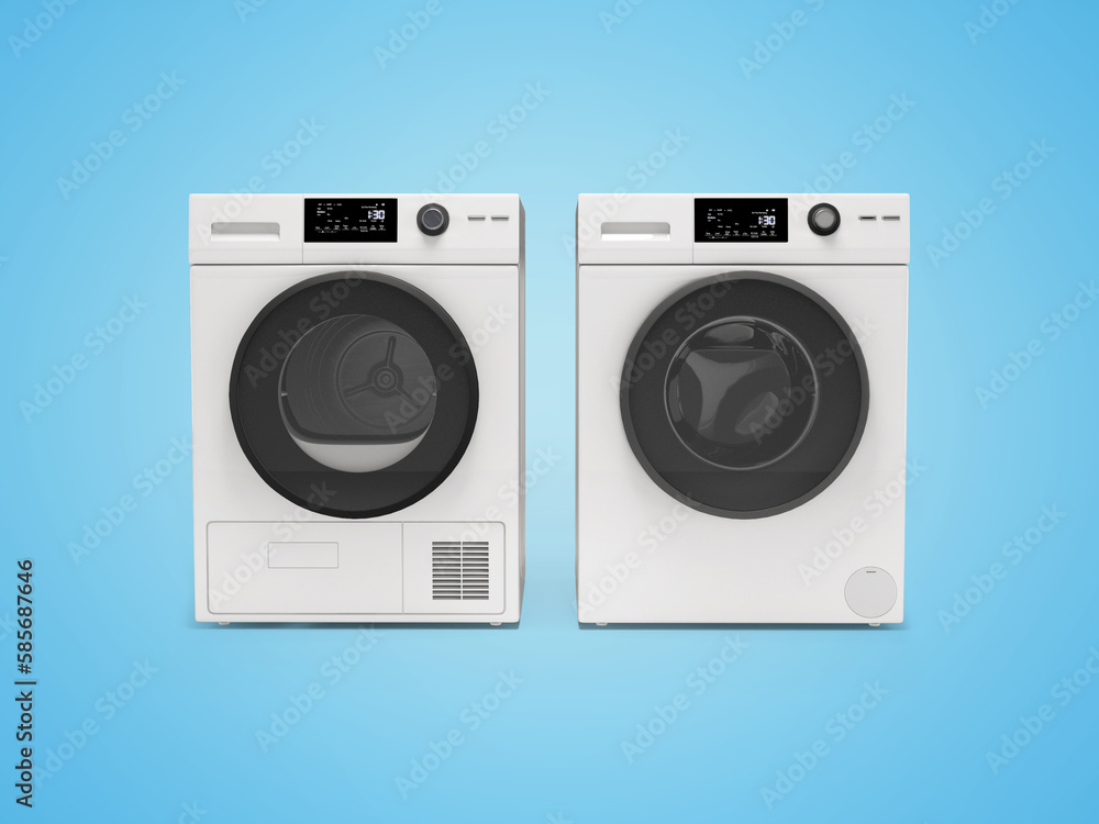 3d illustration washing machine machine and clothes dryer front view on blue background with shadow 3d illustration washing machine machine and clothes dryer front view on blue background with shadow